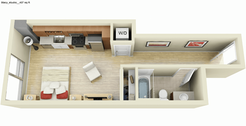 Floor plan for studio, 1 bath, 533 sqft